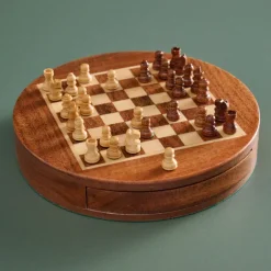 Acacia Wood Round Magnetic Chess Set