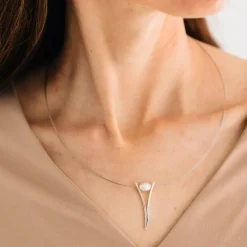 Ati Pearl Plunging V Silver Pendant Necklace