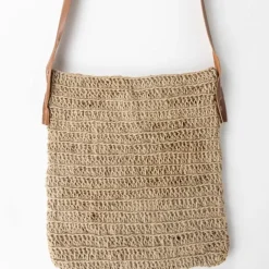 Crochet Jute Shoulder Bag - Leather Strap