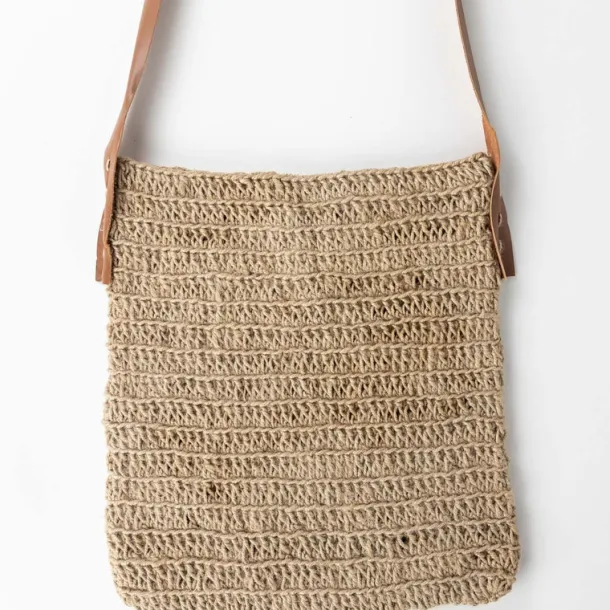 Crochet Jute Shoulder Bag - Leather Strap