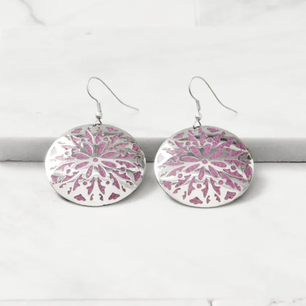 Etched Silver & Purple Medallion Earrings
