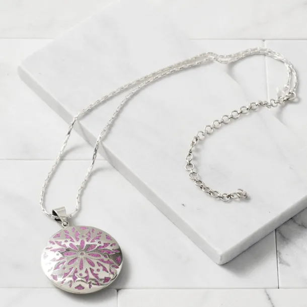 Etched Silver & Purple Medallion Pendant Necklace