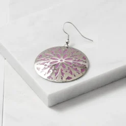 Etched Silver & Purple Medallion Earrings