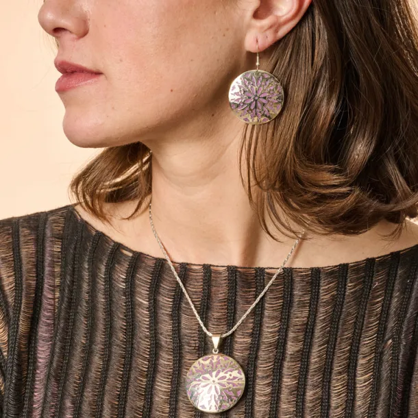 Etched Silver & Purple Medallion Earrings