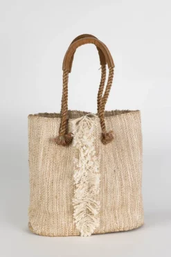 Jute & Cotton Tote with Leather Handles