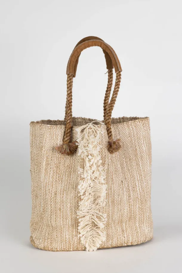 Jute & Cotton Tote with Leather Handles