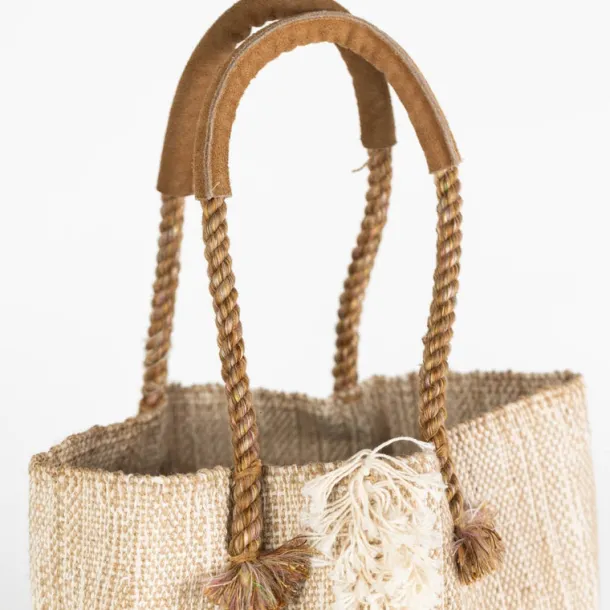 Jute & Cotton Tote with Leather Handles