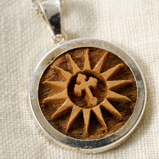 Olive Wood Sunburst Cross Pendant Necklace