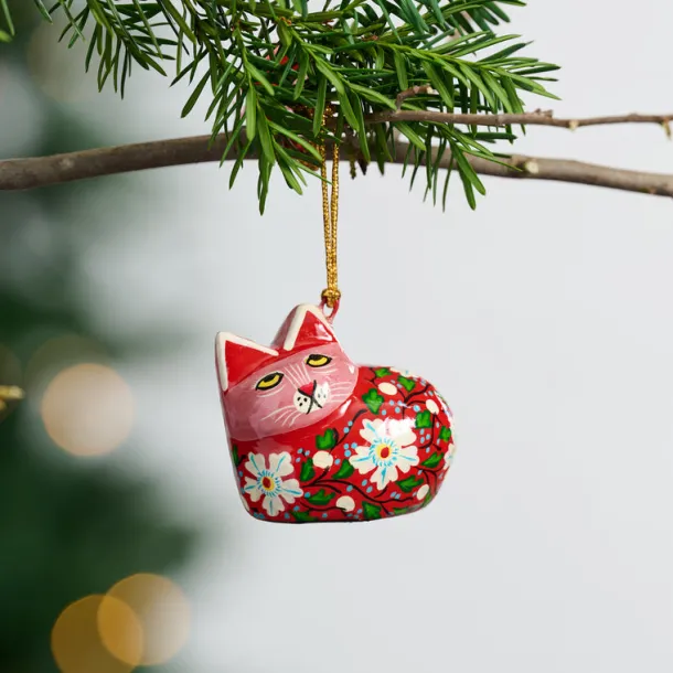 Painted Floral Cat Paper Mâché Ornament