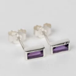 Silver Amethyst Baguette Earrings