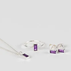 Silver Amethyst Baguette Earrings
