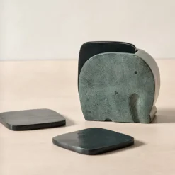 Stone Elephant Holder and Coasters - Set of 4