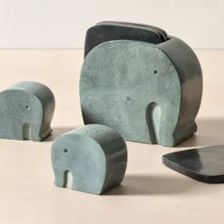 Stone Elephant Holder and Coasters - Set of 4
